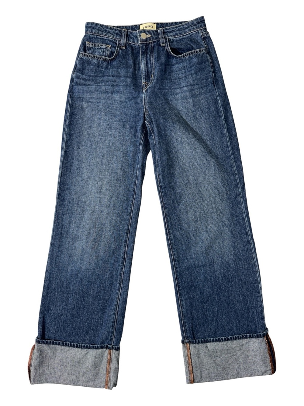 L’Agence women’s 24 Miley ultra high rise wide leg cuffed denim blue jeans EUC